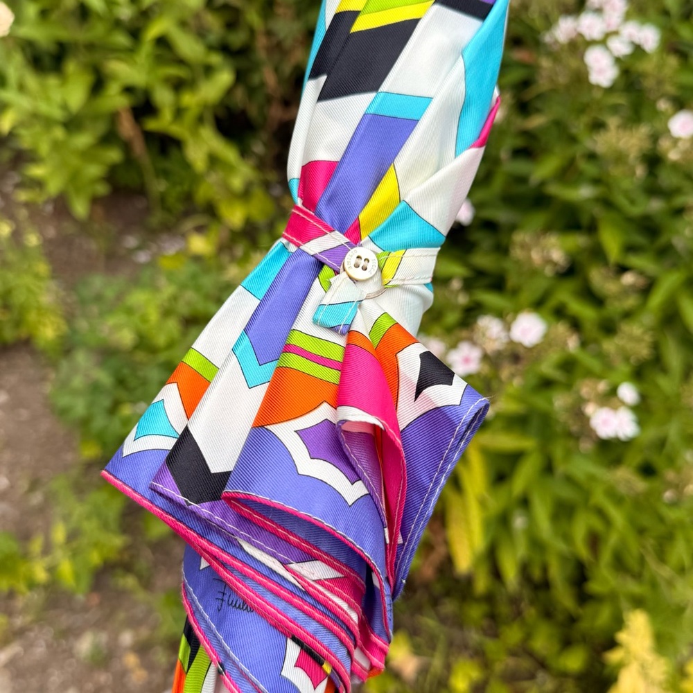 Rare 2000s Emilio Pucci Multicolor Geometric Umbrella With Wood & Leather Handle - Picture 4 of 13